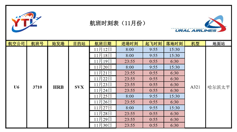 U6航班时刻表