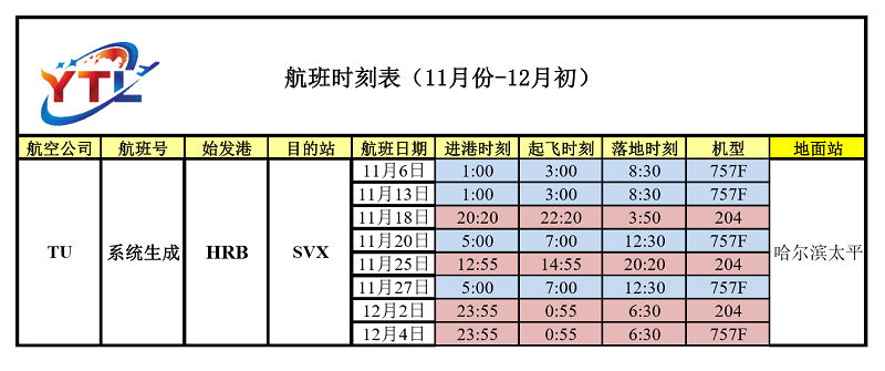 TU航班时刻表